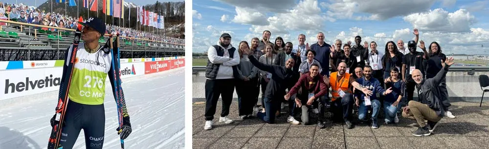Left: Nzumbe Nyanduga competes in the men's 10km freestyle qualification race at the FIS Nordic World Ski Championships 2021. Right: The IOC’s IKL team in Paris for the Technology Rehearsal 2, assisting their colleagues in preparation for the 2024 Games.