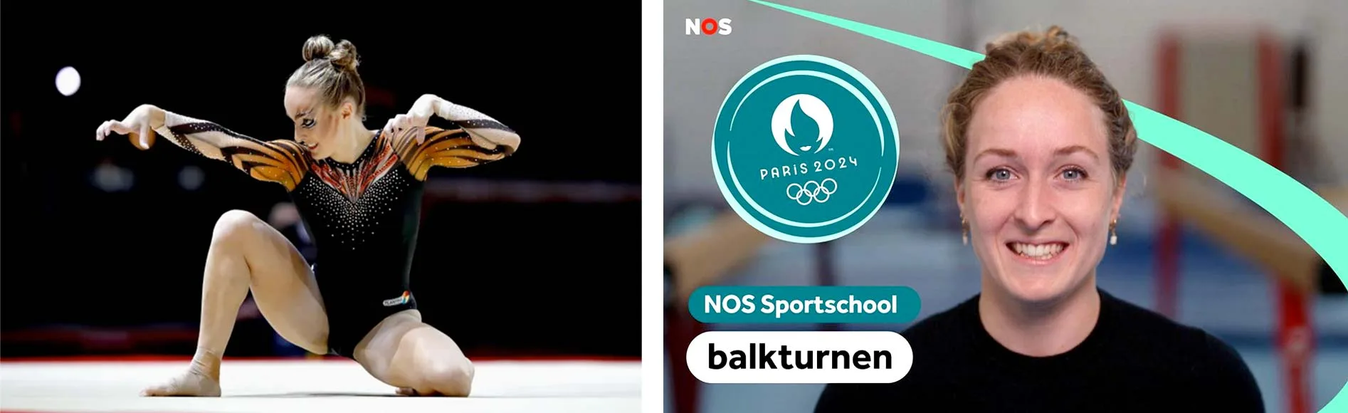 Left: Céline van Gerner performs her “Cat Floor” routine during the women’s individual floor final at the European Championships 2018. Photo by Alex Filipov, CC BY-SA 4.0, via Wikimedia Commons. Right: Céline van Gerner featured in Dutch television NOS promotional material as a sports commentator for the balance beam gymnastics program at Paris 2024.